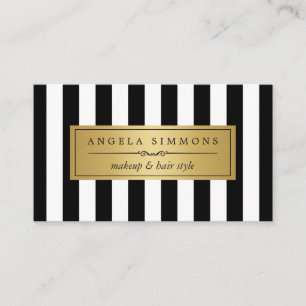 Makeup Artist Gold Bow and Black White Stripes Business Card