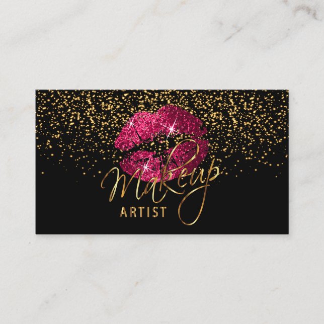 Makeup Artist - Gold Confetti & Hot Pink 💋 Lips Business Card (Front)