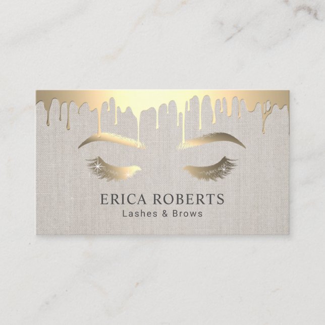 Makeup Artist Gold Drips Lashes Salon Classy Linen Business Card (Front)