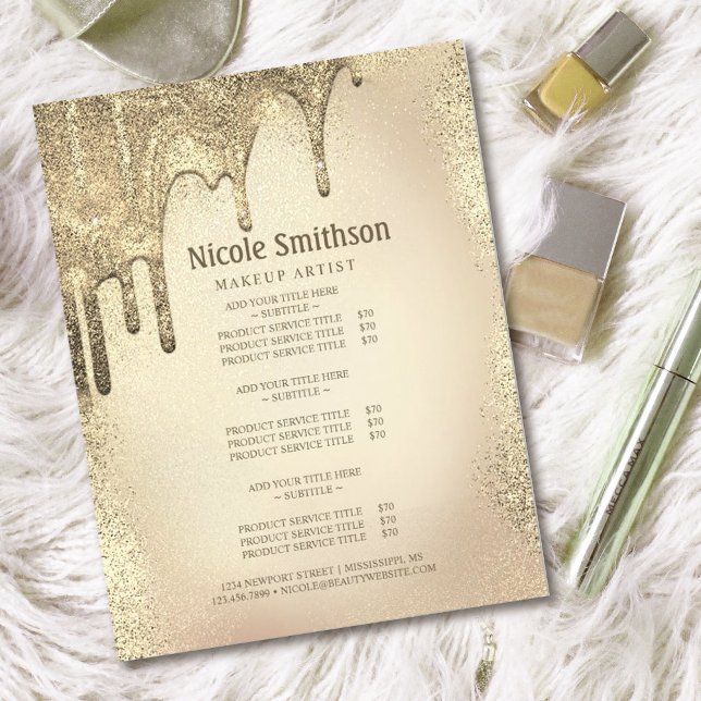 Makeup Artist Gold Glitter Glam Service List  Flyer (#glamourscakebakery #dripglittergold #golden #glittergold #pricelist #makeartistflyer #cakeshopflyer)