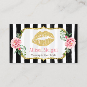 Makeup Artist Gold Lips Blush Pink Floral Stripes Business Card