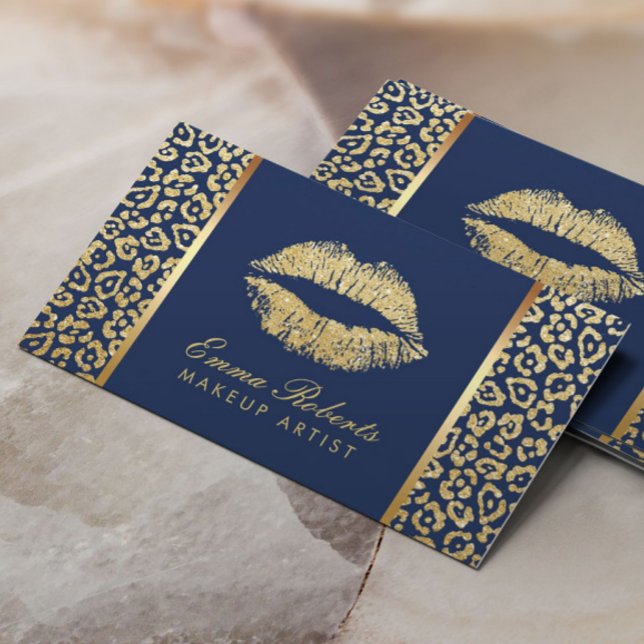Makeup Artist Gold Lips Luxury Leopard Navy Blue Business Card (Creator Uploaded)