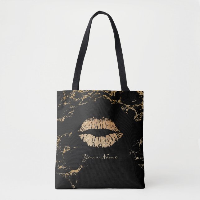 Makeup Artist Gold Lips Modern Black & Gold Marble Tote Bag (Front)