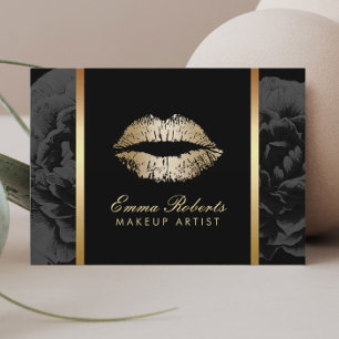Makeup Artist Gold Lips Modern Dark Floral Salon Business Card