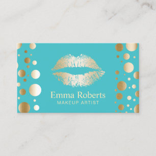 Makeup Artist Gold Lips Modern Dots Turquoise Business Card