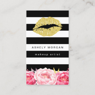 Makeup Artist Gold Lips Modern Floral Deco Stripes Business Card