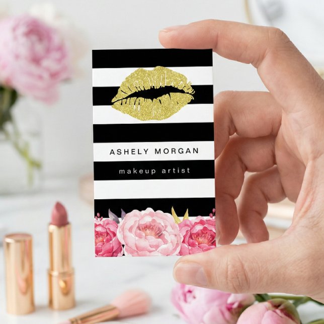 Makeup Artist Gold Lips Modern Floral Deco Stripes Business Card (Creator Uploaded)