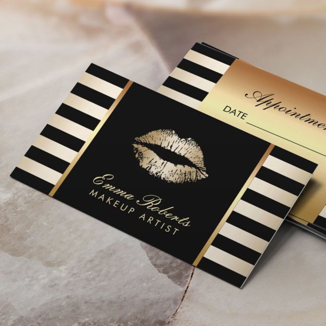 Makeup Artist Gold Lips Modern Stripes Appointment Card (Creator Uploaded)