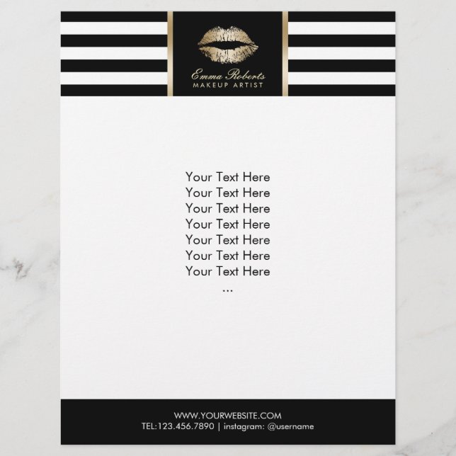 Makeup Artist Gold Lips Modern Stripes Salon Flyer (Front)