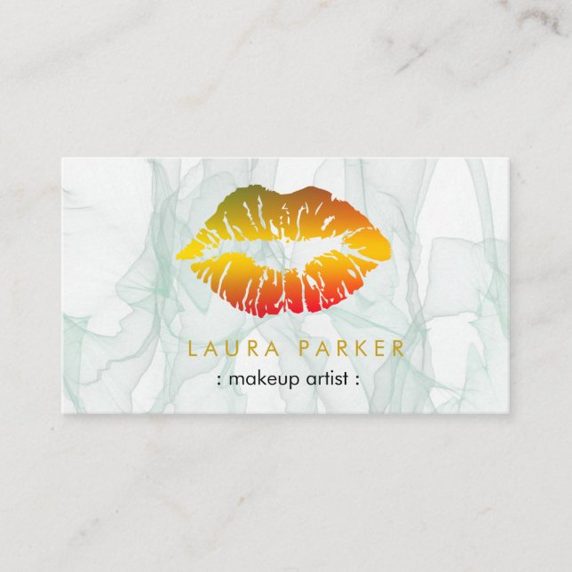 Makeup artist gold lips salon beautician marble business card (Front)