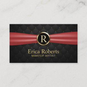Makeup Artist Gold Monogram Red Ribbon Luxury Business Card