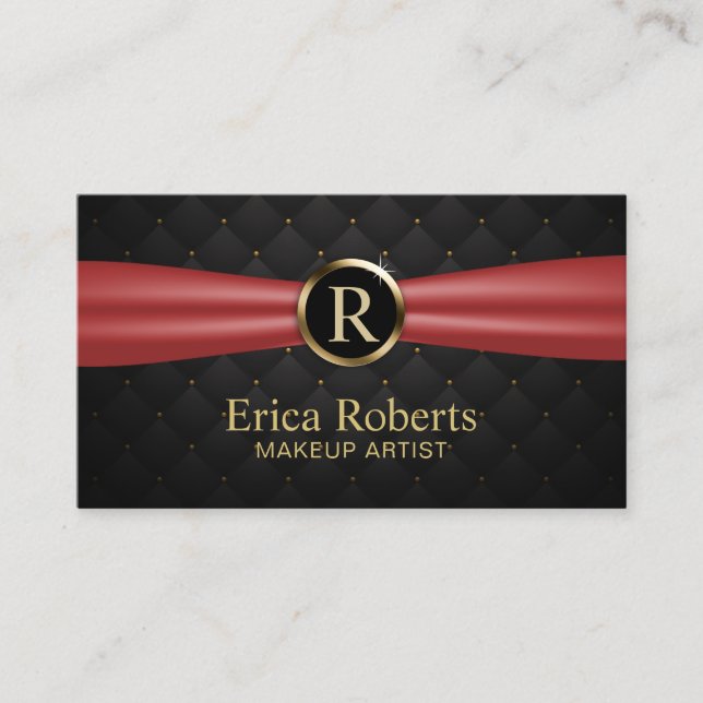Makeup Artist Gold Monogram Red Ribbon Luxury Business Card (Front)