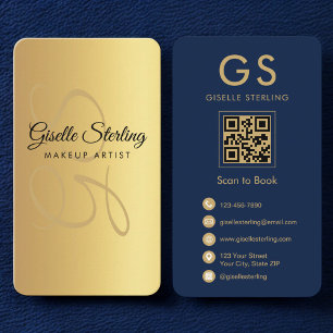 Makeup Artist Gold Navy Blue QR Code Monogram  Business Card