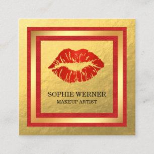 Makeup Artist Gold Red Lips Blush Square Business Card