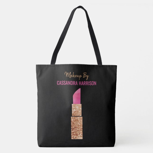 Makeup Artist Gold Sequin Glam Lipstick Salon Tote Bag (Front)