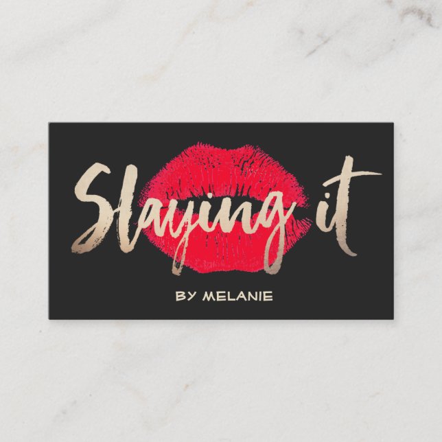 Makeup Artist Gold Slaying It Red Lips Black Business Card (Front)
