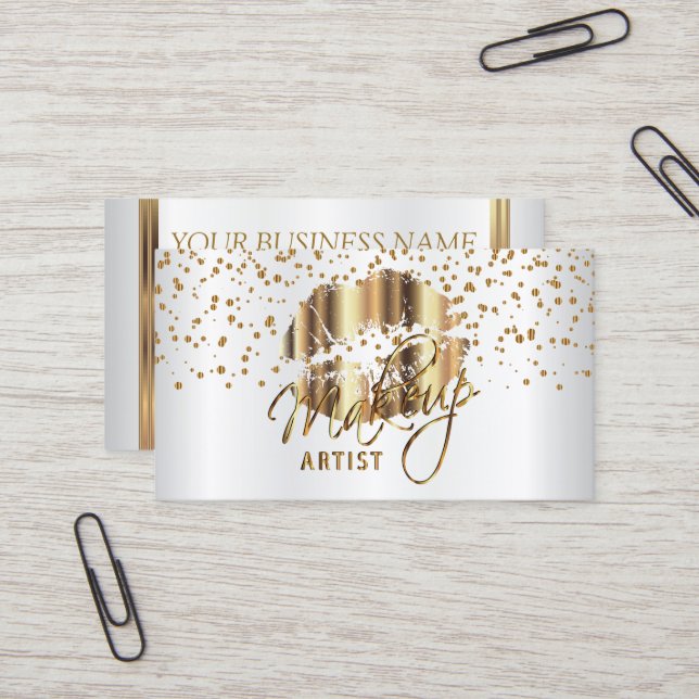 Makeup Artist Golden Confetti & Gold Metal Lips 2 Business Card (Front/Back In Situ)