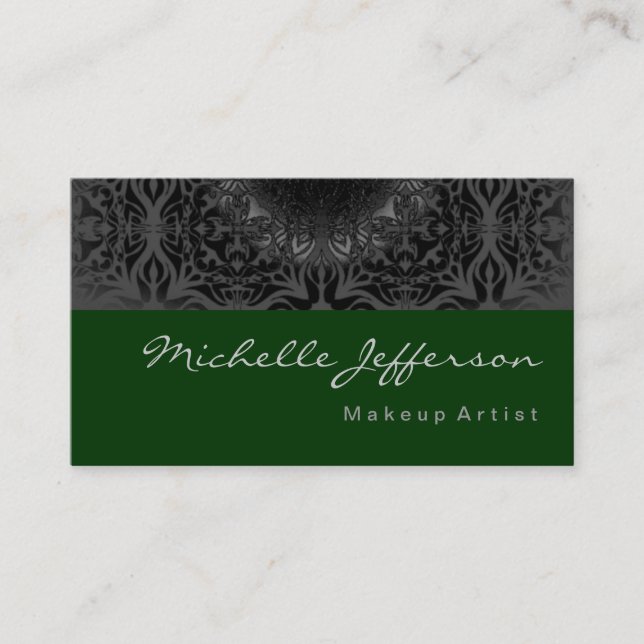 Makeup Artist Grey Pattern Green Business Card (Front)