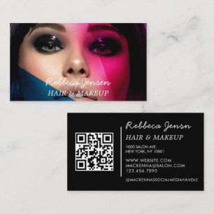 Makeup artist hair photo bold script Pink blue QR Business Card
