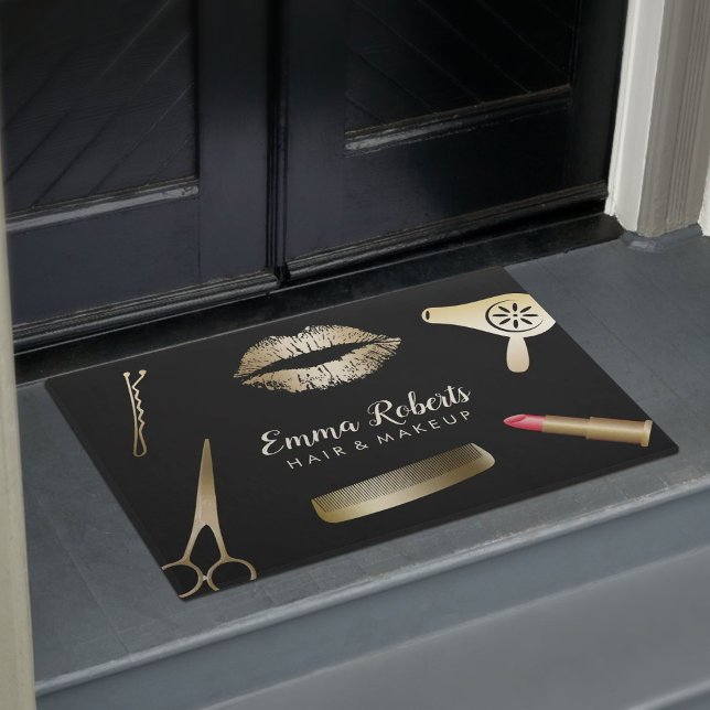 Makeup Artist Hair Salon Black & Gold Welcome Doormat (Creator Uploaded)