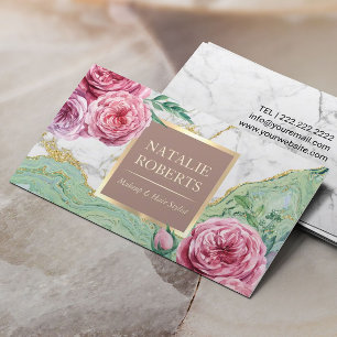 Makeup Artist Hair Salon Chic Floral Marble Agate Business Card
