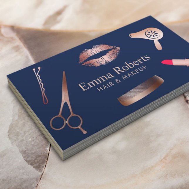Makeup Artist Hair Salon Chic Rose Gold Navy Blue Business Card (Creator Uploaded)