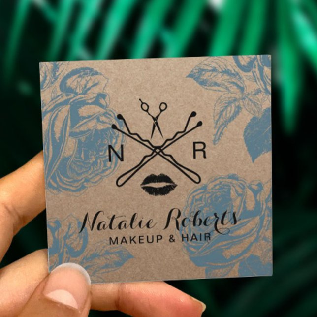 Makeup Artist Hair Salon Floral Rustic Kraft Square Business Card (Creator Uploaded)