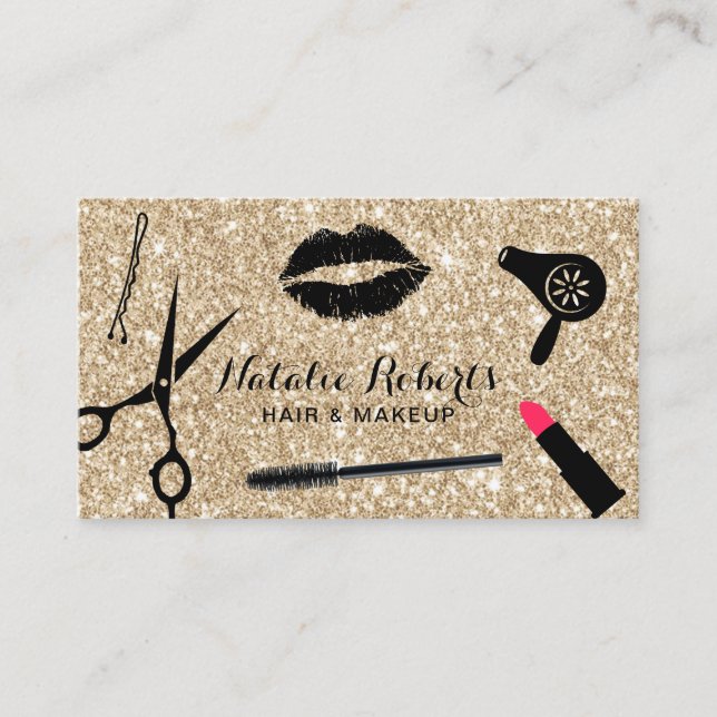 Makeup Artist & Hair Salon Modern Gold Glitter Business Card (Front)