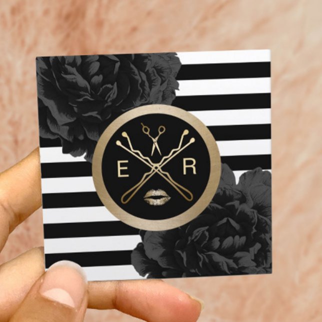 Makeup Artist Hair Salon Modern Stripes Floral Square Business Card (Creator Uploaded)