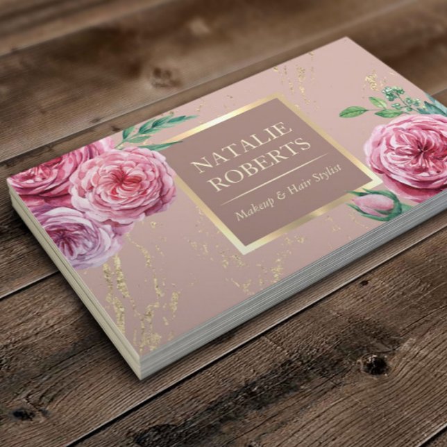 Makeup Artist Hair Salon Pink Floral Rose Gold Business Card (Creator Uploaded)