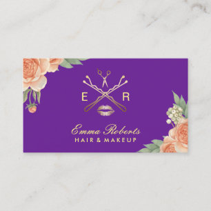 Makeup Artist Hair Salon Purple & Gold Floral Business Card
