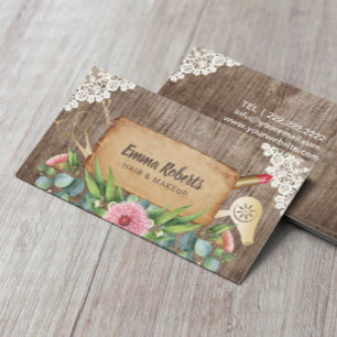 Makeup Artist Hair Salon Rustic Floral Wooden Business Card