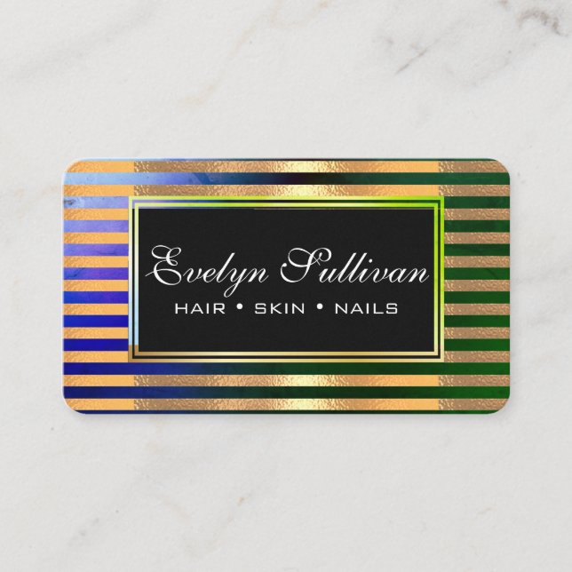 Makeup Artist Hair Skin Nails Care Green Stripes   Business Card (Front)