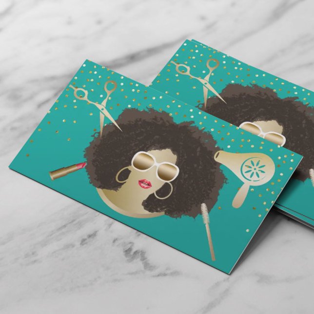 Makeup Artist Hair Stylist Afro Beauty Turquoise Business Card (Creator Uploaded)