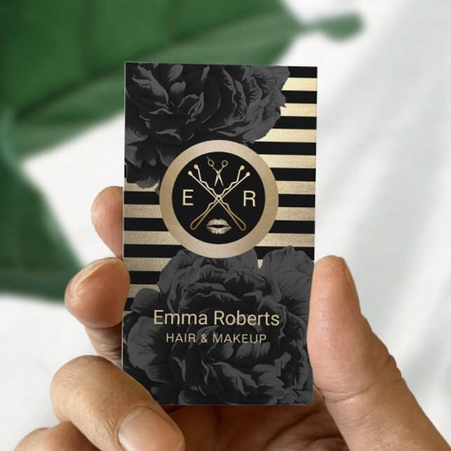 Makeup Artist Hair Stylist Black & Gold Floral Business Card (Creator Uploaded)
