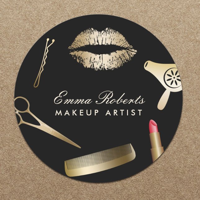 Makeup Artist Hair Stylist Black & Gold Salon Classic Round Sticker (Creator Uploaded)
