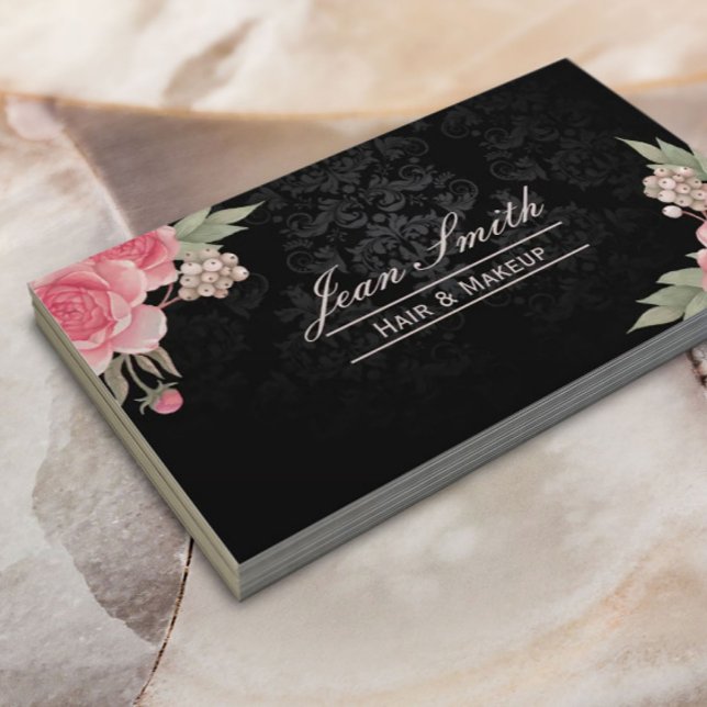 Makeup Artist Hair Stylist Elegant Floral Damask Business Card (Creator Uploaded)