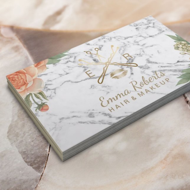Makeup Artist Hair Stylist Floral Trendy Marble Business Card (Creator Uploaded)