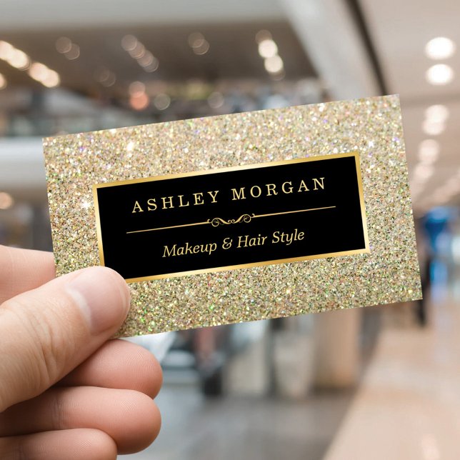 Makeup Artist Hair Stylist Funky Gold Glitter Business Card (Creator Uploaded)