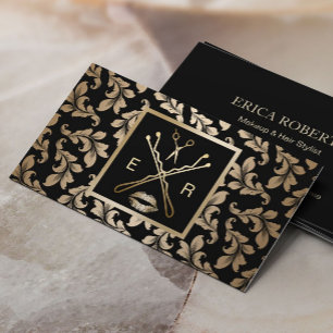 Makeup Artist Hair Stylist Luxury Gold Damask Business Card
