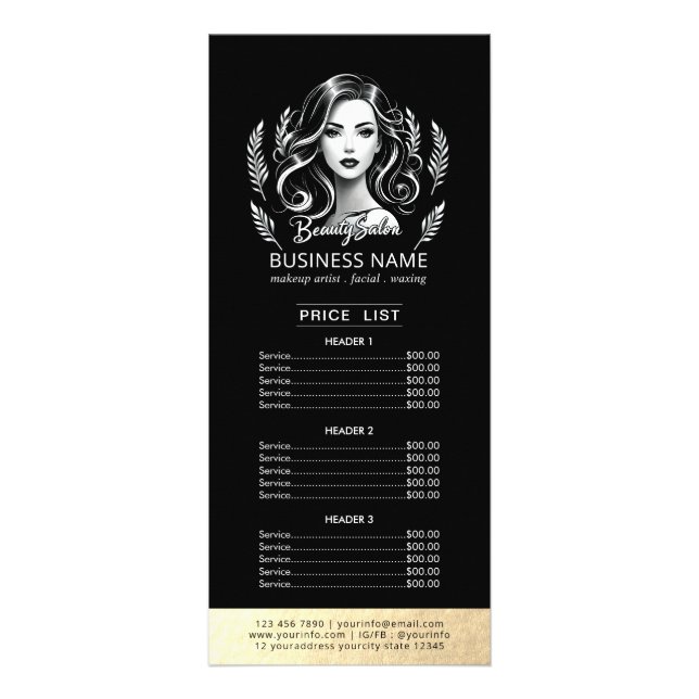 Makeup Artist Hair Stylist Modern Black Price List Rack Card (Front)