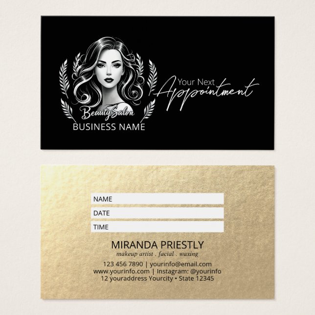 Makeup Artist Hair Stylist Modern Black White Gold (Front & Back)