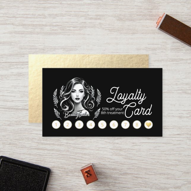 Makeup Artist Hair Stylist Modern Black White Gold Loyalty Card (Front/Back In Situ)