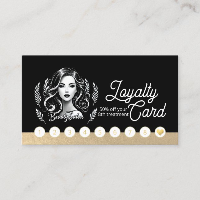 Makeup Artist Hair Stylist Modern Black White Gold Loyalty Card (Front)
