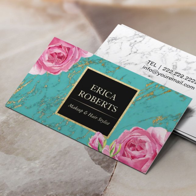 Makeup Artist Hair Stylist Modern Floral Teal Gold Business Card (Creator Uploaded)