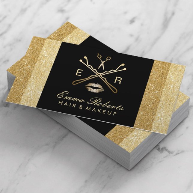 Makeup Artist Hair Stylist Modern Gold Glitter Business Card (Creator Uploaded)