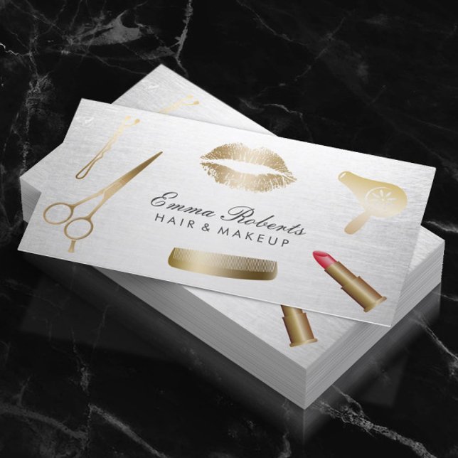 Makeup Artist Hair Stylist Modern Gold & Silver Business Card (Creator Uploaded)