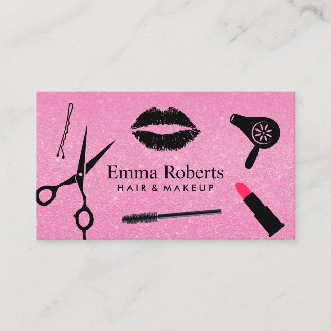 Makeup Artist Hair Stylist Salon Hot Pink Glitter Business Card (Front)