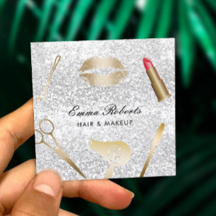 Makeup Artist Hair Stylist Trendy Silver Glitter Square Business Card