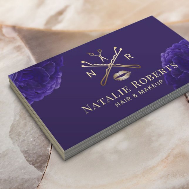 Makeup Artist Hair Stylist Violet Floral Beauty Business Card (Creator Uploaded)